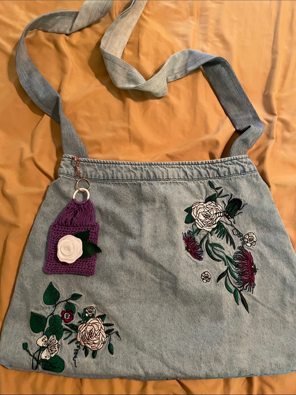 Handmade Embroidered Denim crossbody bag with Mia’s crochet bag 20x14 lined